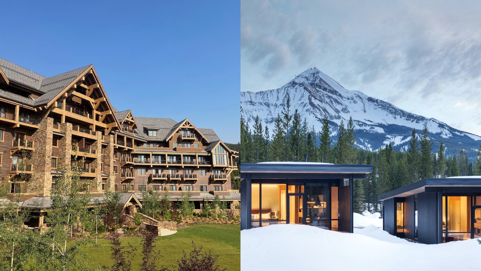 Montage Big Sky in summer and an alpine cabin at One&Only Moonlight Basin beneath Lone Mountain